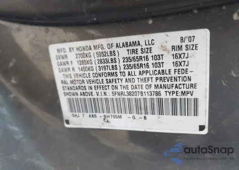 2007 Honda Odyssey Lx from USA, damaged, VIN 5FNRL38207B113786